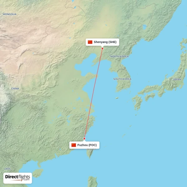 Fuzhou - Shenyang direct flight map