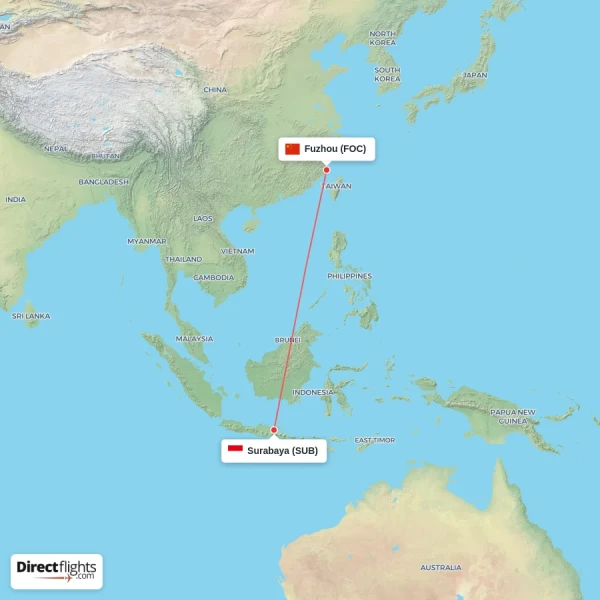 Fuzhou - Surabaya direct flight map