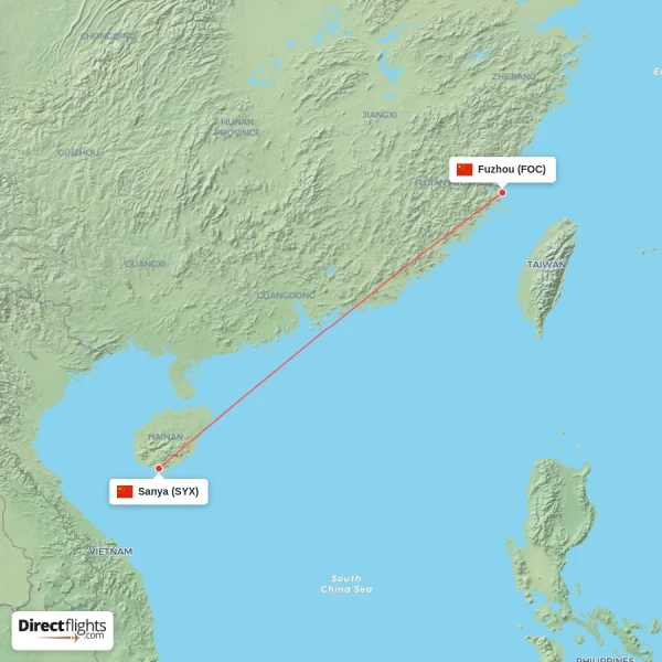 Fuzhou - Sanya direct flight map