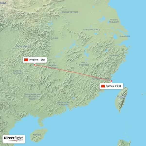 Fuzhou - Tongren direct flight map