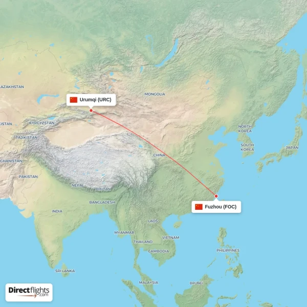 Fuzhou - Urumqi direct flight map