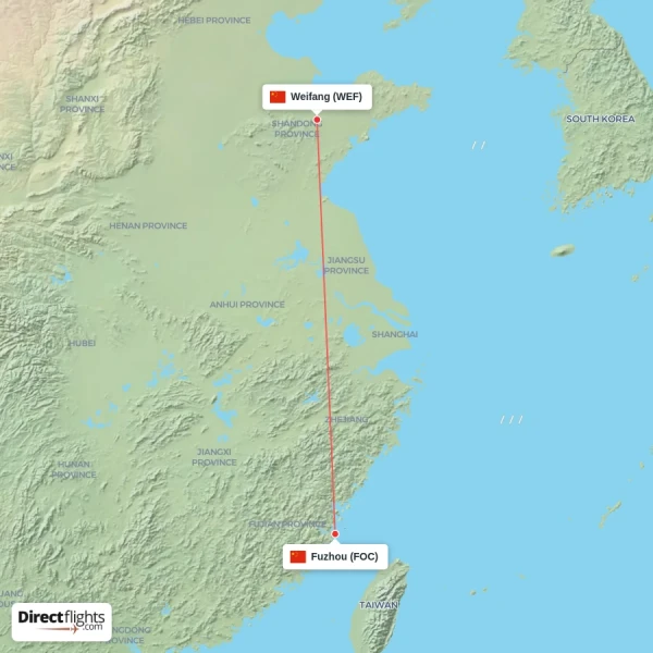 Fuzhou - Weifang direct flight map