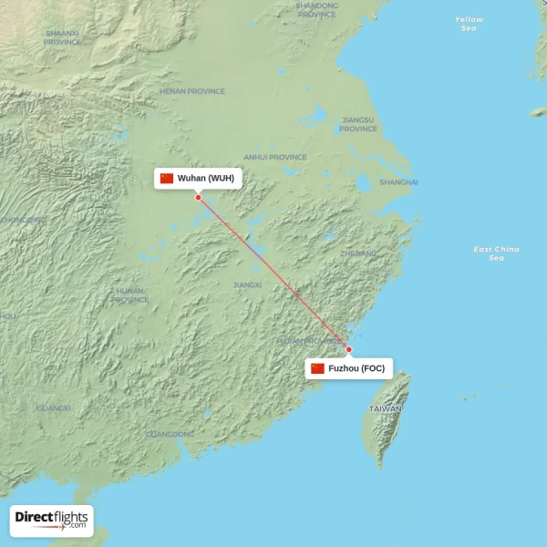 Fuzhou - Wuhan direct flight map