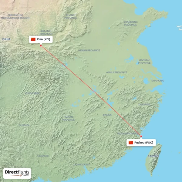 Fuzhou - Xian direct flight map