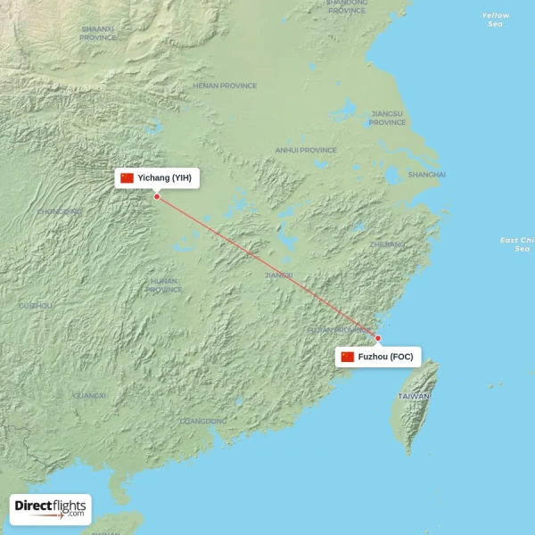 Fuzhou - Yichang direct flight map