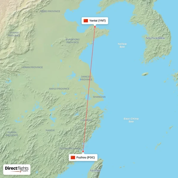 Fuzhou - Yantai direct flight map