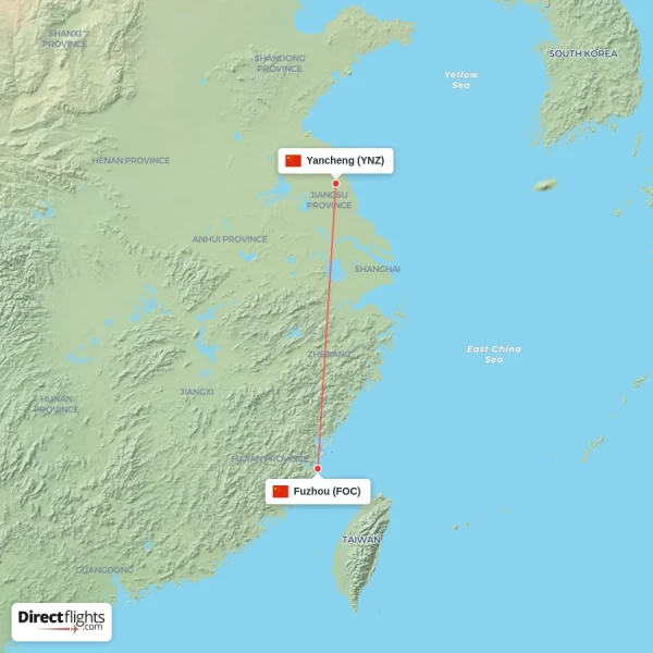 Fuzhou - Yancheng direct flight map
