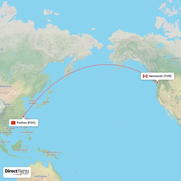 Fuzhou - Vancouver direct flight map