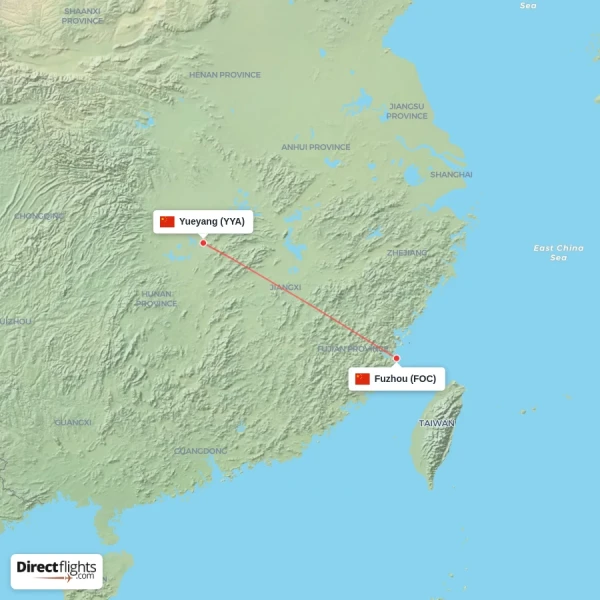 Fuzhou - Yueyang direct flight map