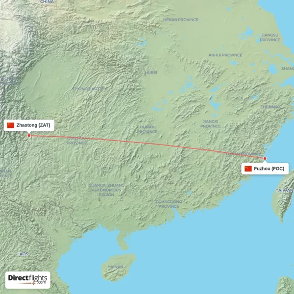 Fuzhou - Zhaotong direct flight map