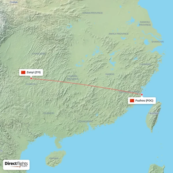 Fuzhou - Zunyi direct flight map