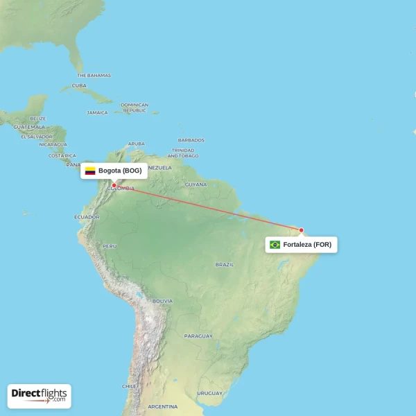 Fortaleza - Bogota direct flight map