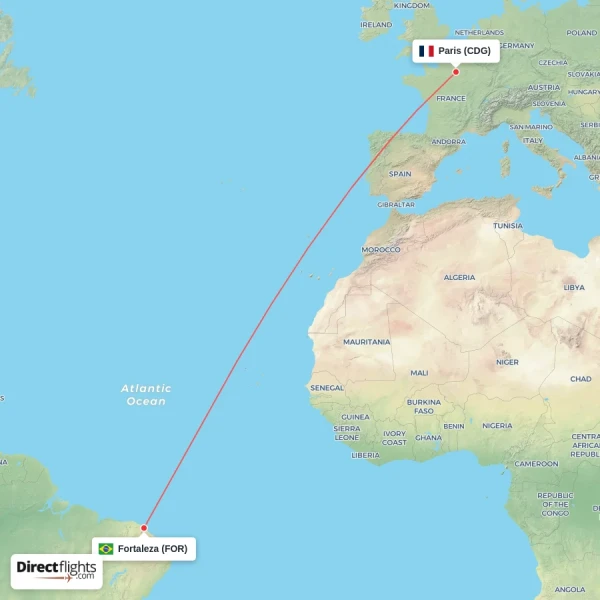 Fortaleza - Paris direct flight map