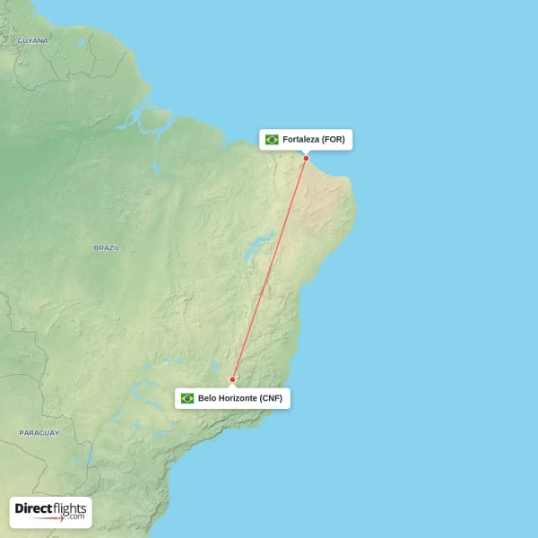 Fortaleza - Belo Horizonte direct flight map