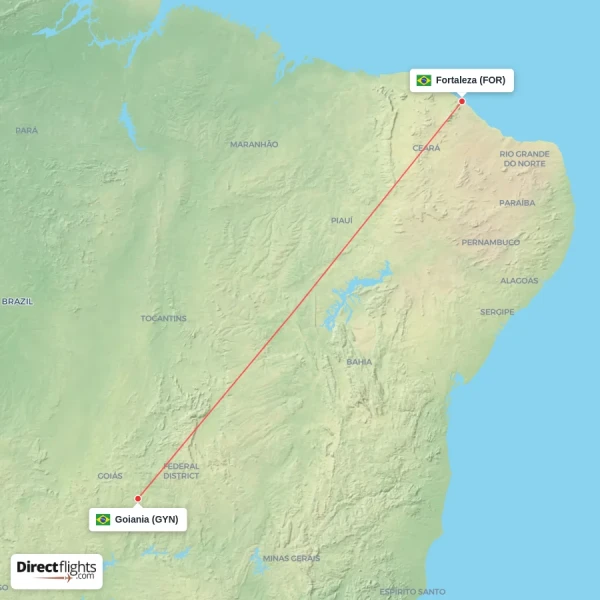 Fortaleza - Goiania direct flight map
