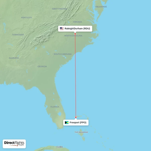 Freeport - Raleigh/Durham direct flight map