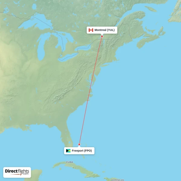 Freeport - Montreal direct flight map