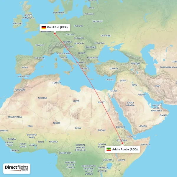 Frankfurt - Addis Ababa direct flight map