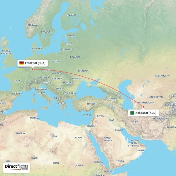 Frankfurt - Ashgabat direct flight map