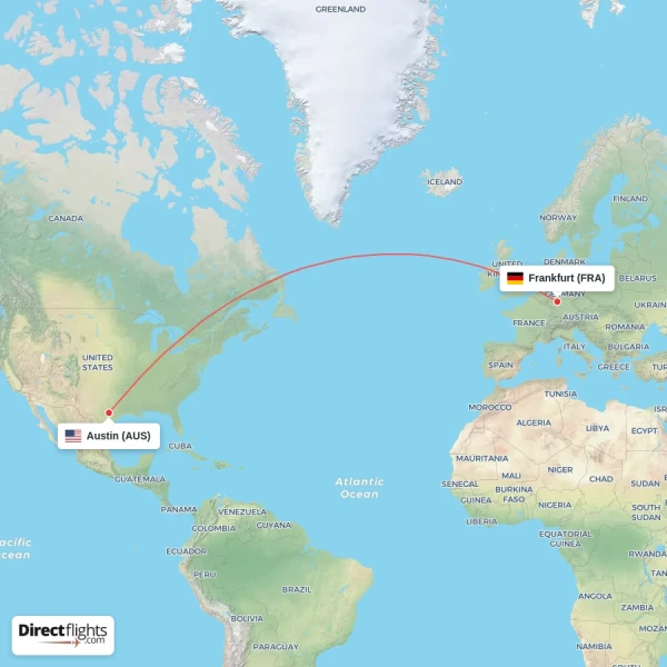 Frankfurt - Austin direct flight map