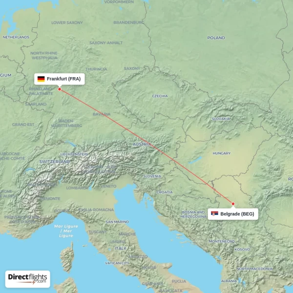 Frankfurt - Belgrade direct flight map