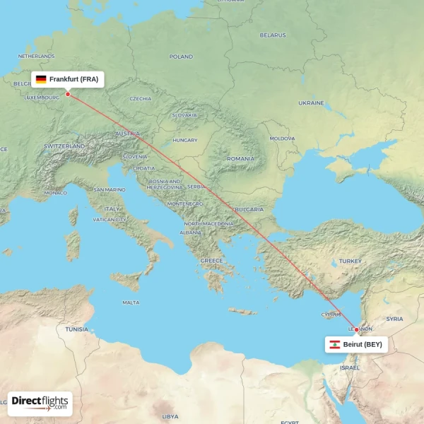 Frankfurt - Beirut direct flight map
