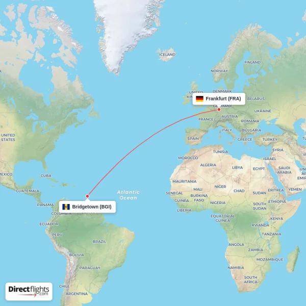Frankfurt - Bridgetown direct flight map
