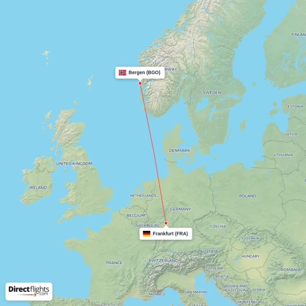 Frankfurt - Bergen direct flight map