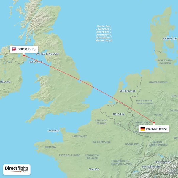 Frankfurt - Belfast direct flight map