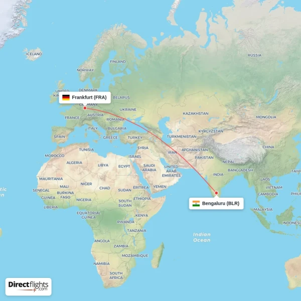 Frankfurt - Bengaluru direct flight map