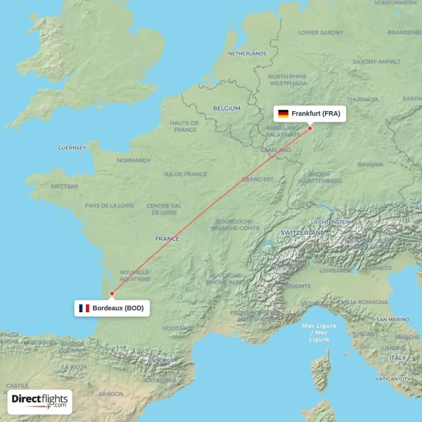 Frankfurt - Bordeaux direct flight map
