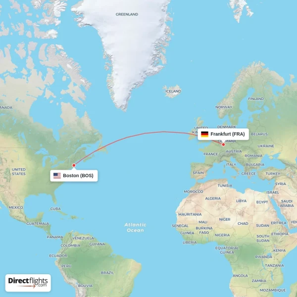 Frankfurt - Boston direct flight map