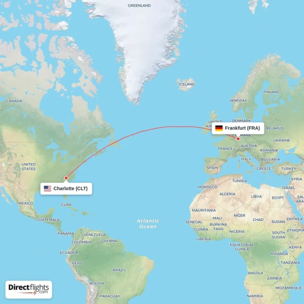 Frankfurt - Charlotte direct flight map