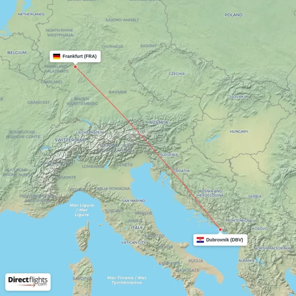 Frankfurt - Dubrovnik direct flight map