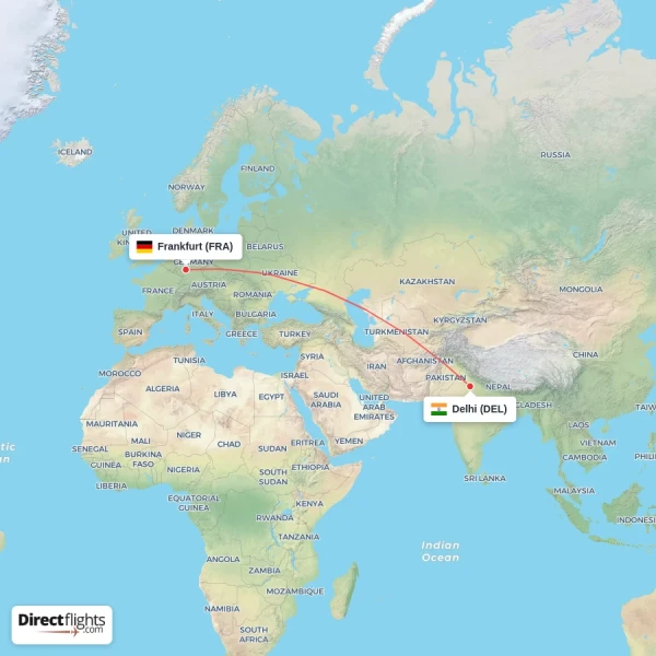 Frankfurt - Delhi direct flight map