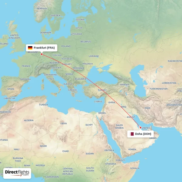 Frankfurt - Doha direct flight map