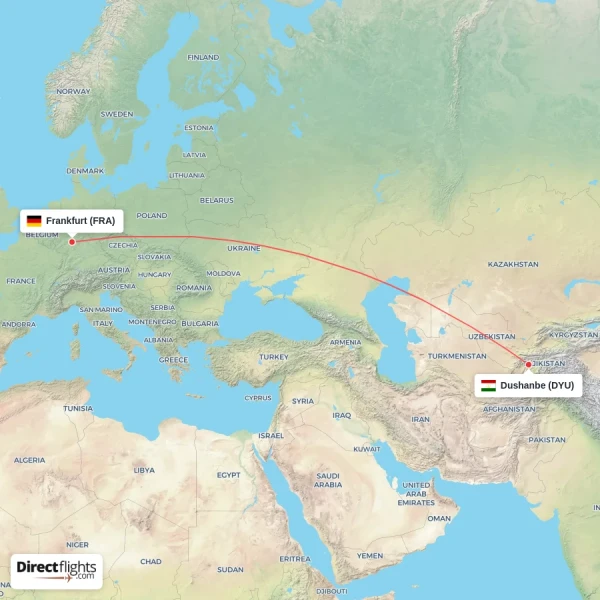 Frankfurt - Dushanbe direct flight map