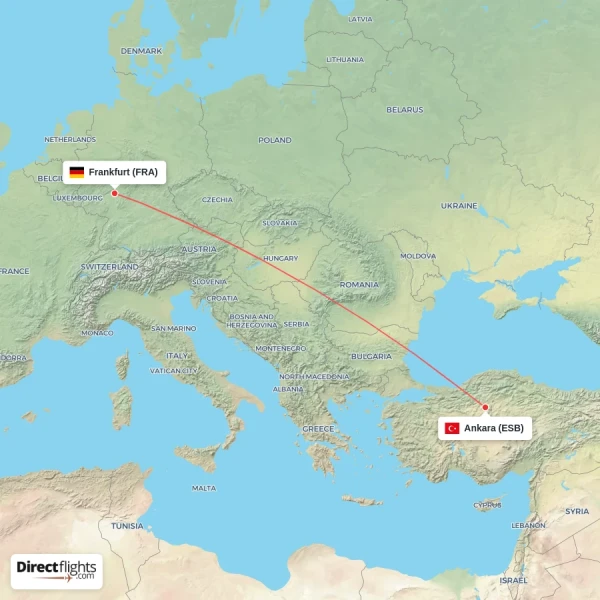 Frankfurt - Ankara direct flight map