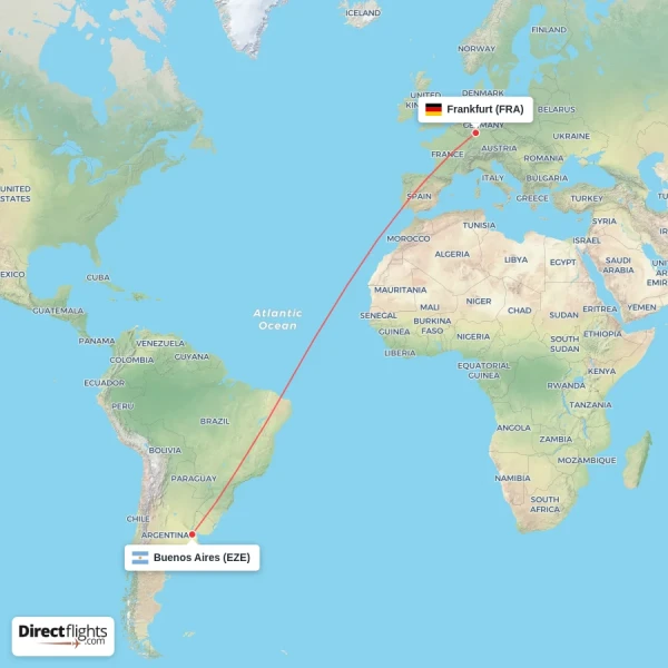 Frankfurt - Buenos Aires direct flight map
