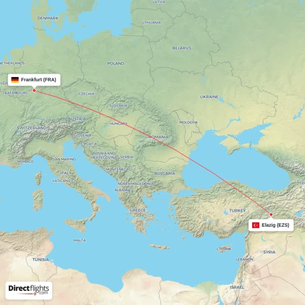 Frankfurt - Elazig direct flight map