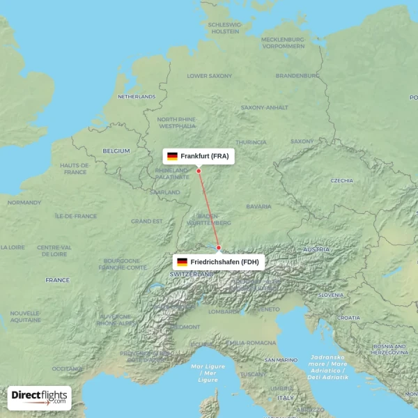 Frankfurt - Friedrichshafen direct flight map