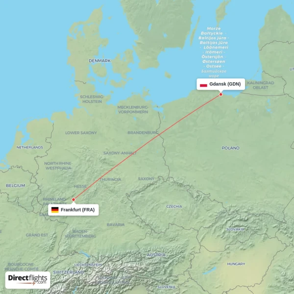 Frankfurt - Gdansk direct flight map