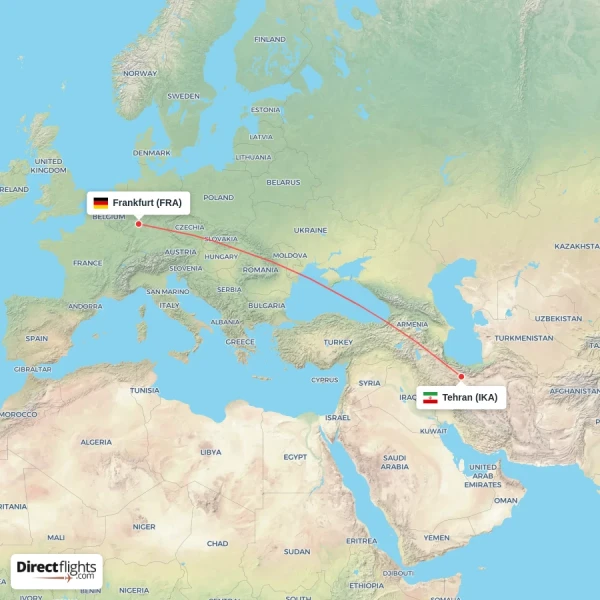 Frankfurt - Tehran direct flight map