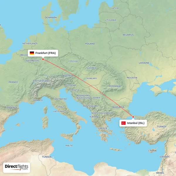 Frankfurt - Istanbul direct flight map