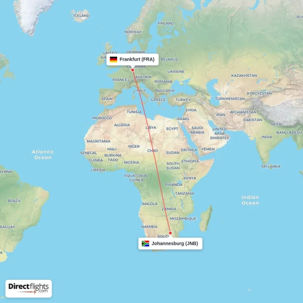 Frankfurt - Johannesburg direct flight map