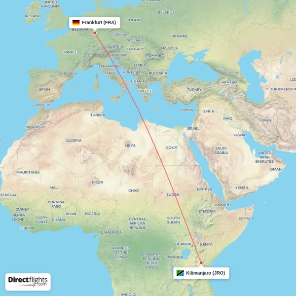 Frankfurt - Kilimanjaro direct flight map