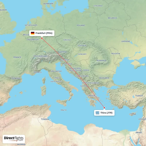 Frankfurt - Thira direct flight map