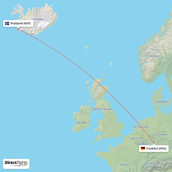 Frankfurt - Reykjavik direct flight map