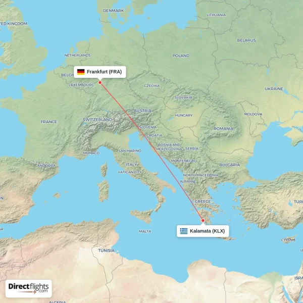 Frankfurt - Kalamata direct flight map