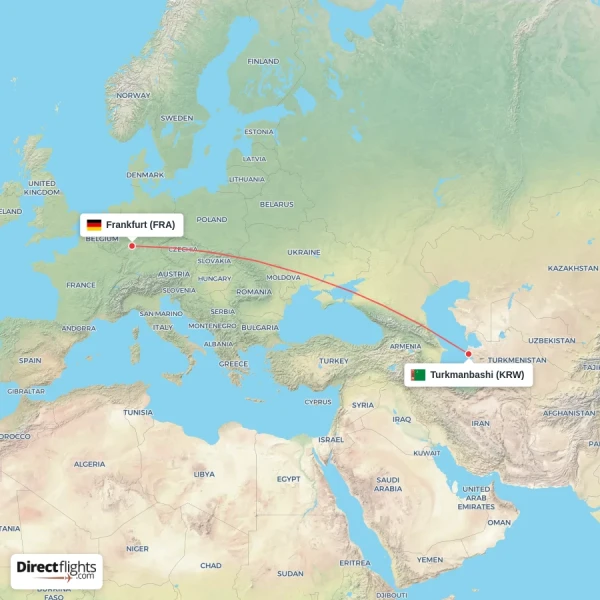Frankfurt - Turkmanbashi direct flight map